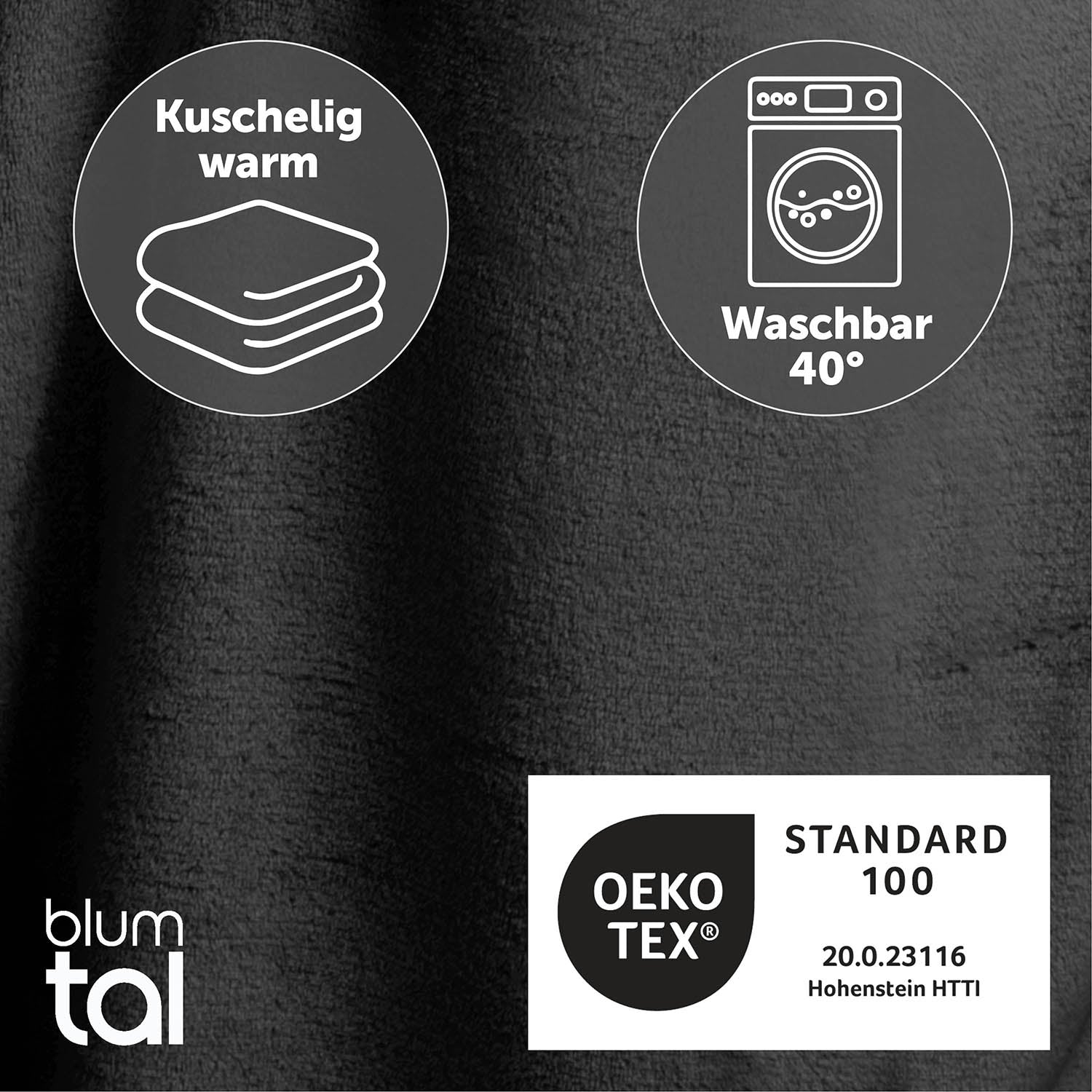 Detailansicht des anthrazit flauschigen Stoffes mit Symbolen für Kuschelwärme und Waschbarkeit bei 40 Grad sowie OEKO-TEX Standard 100 Zertifizierung.