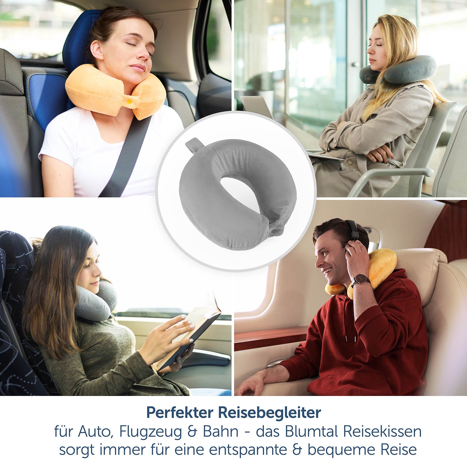 Collage von Personen, die Blumtal Nackenkissen in Auto, Flugzeug und Bahn nutzen.