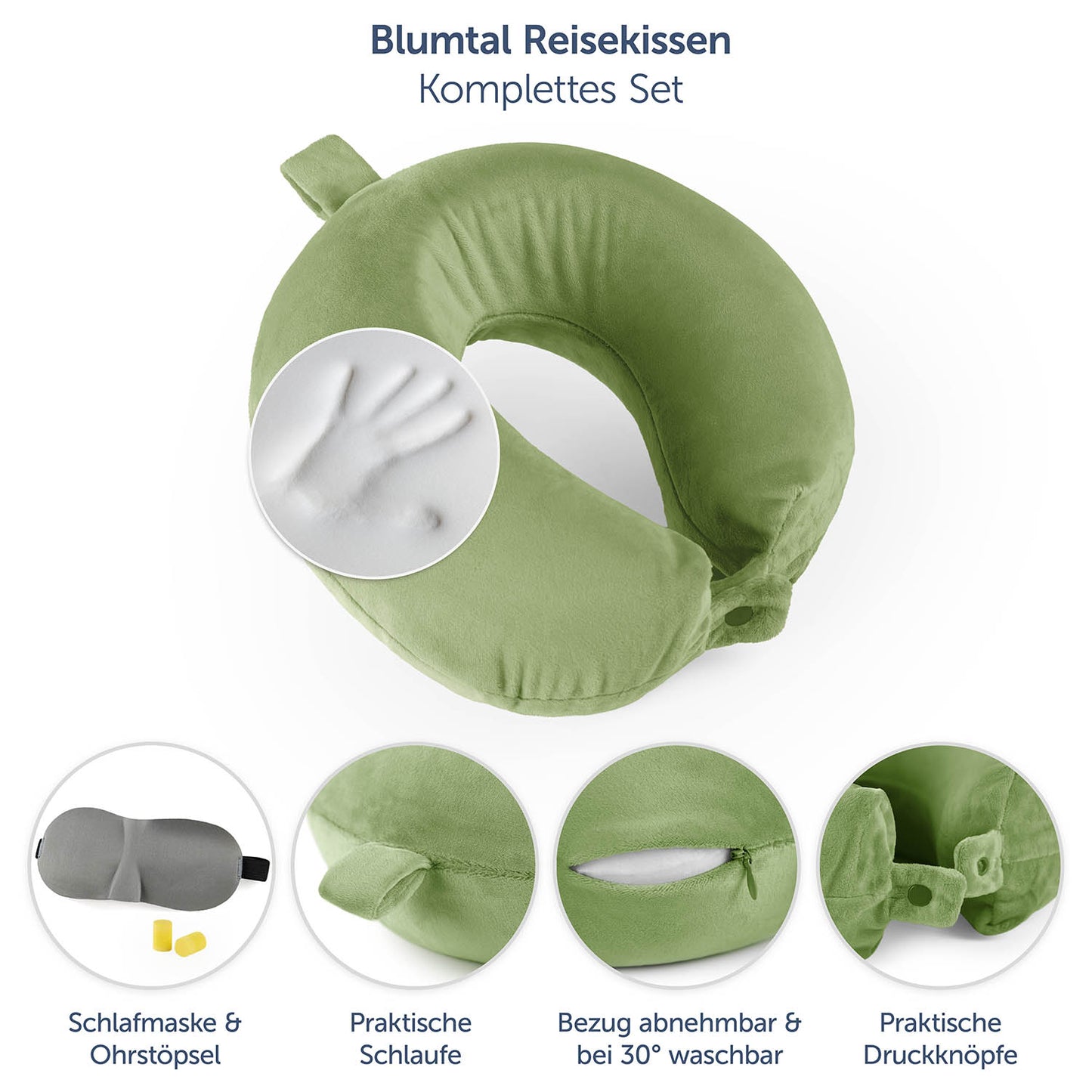 Grünes Blumtal Reisekissen-Set mit Schlafmaske und Ohrstöpseln.