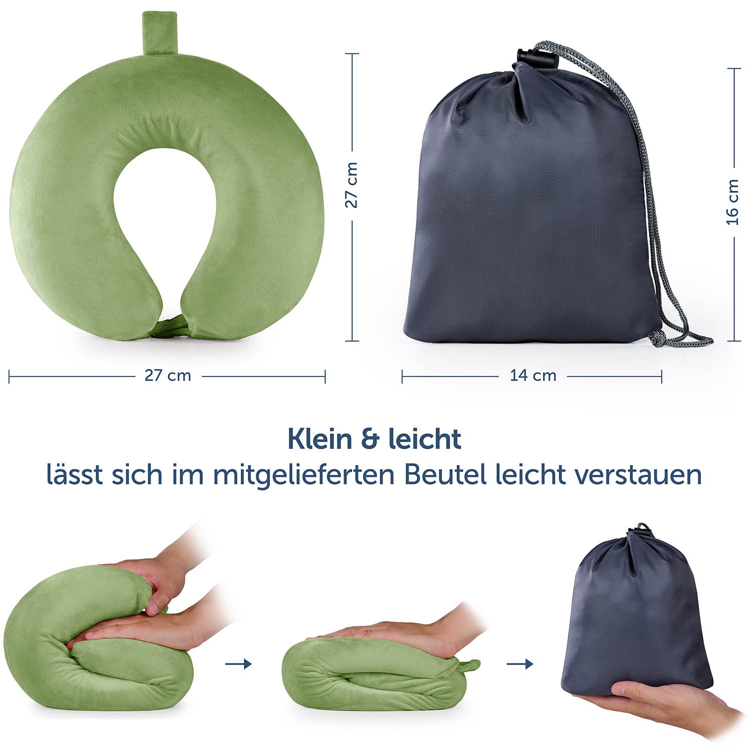  Das Bild zeigt ein grünes Nackenkissen neben seiner Aufbewahrungstasche. Oben sind die Maße des Kissens (27 cm) und der Tasche (14 cm breit und 16 cm hoch) angegeben. Unten wird der Prozess illustriert, wie das Kissen gefaltet und in die Tasche gesteckt wird, mit dem Text &quot;Klein &amp; leicht lässt sich im mitgelieferten Beutel leicht verstauen