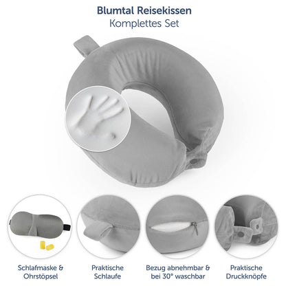graues Blumtal Reisekissen-Set mit Schlafmaske und Ohrstöpseln.