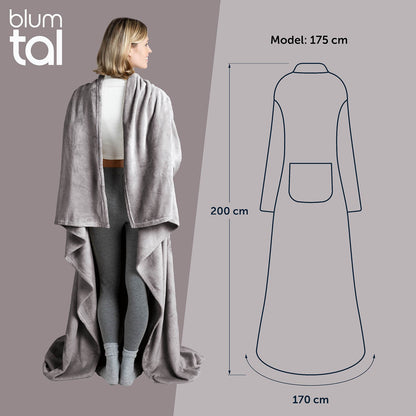 Frau von hinten in einem grauen flauschigen Kleidungsstück neben einer Skizze mit Maßangaben zur Größe des Kleidungsstücks und der Körpergröße des Models.