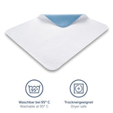 Matratzenauflage mit Hygieneeigenschaften darstellend waschbar bei 95°C und trocknergeeignet für einfache Pflege.