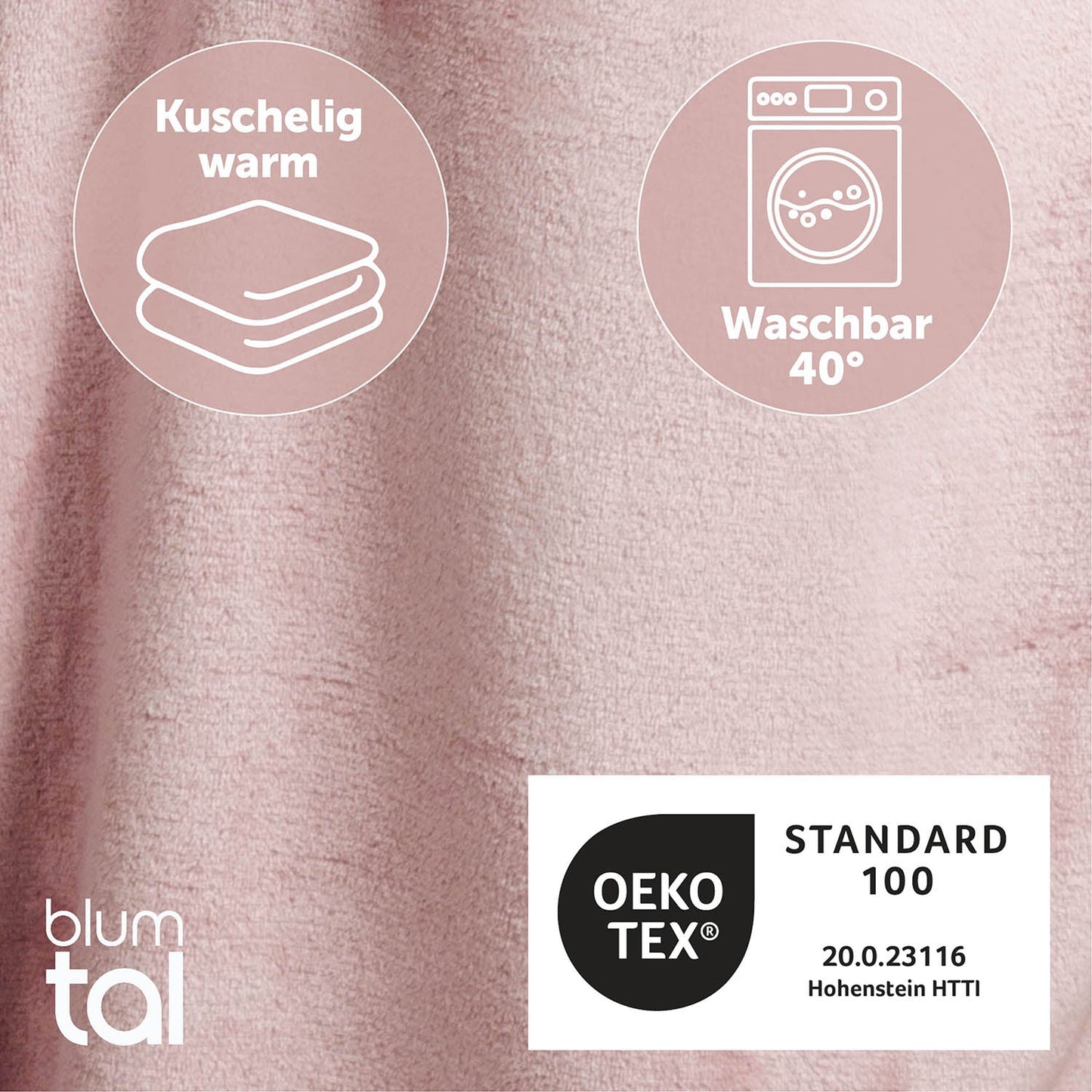 Detailansicht des rosa flauschigen Stoffes mit Symbolen für Kuschelwärme und Waschbarkeit bei 40 Grad sowie OEKO-TEX Standard 100 Zertifizierung.