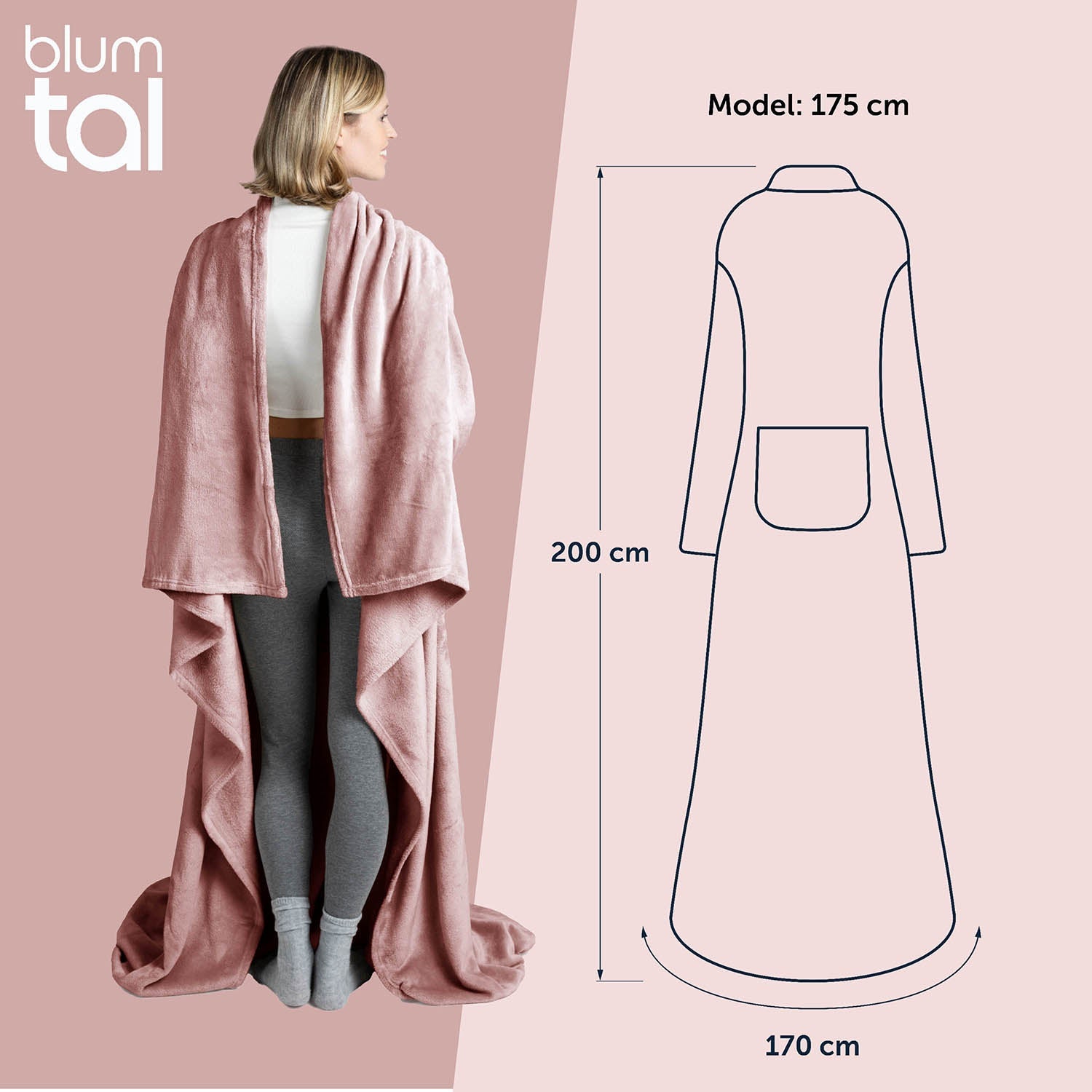 Frau von hinten in einem rosa flauschigen Kleidungsstück neben einer Skizze mit Maßangaben zur Größe des Kleidungsstücks und der Körpergröße des Models.