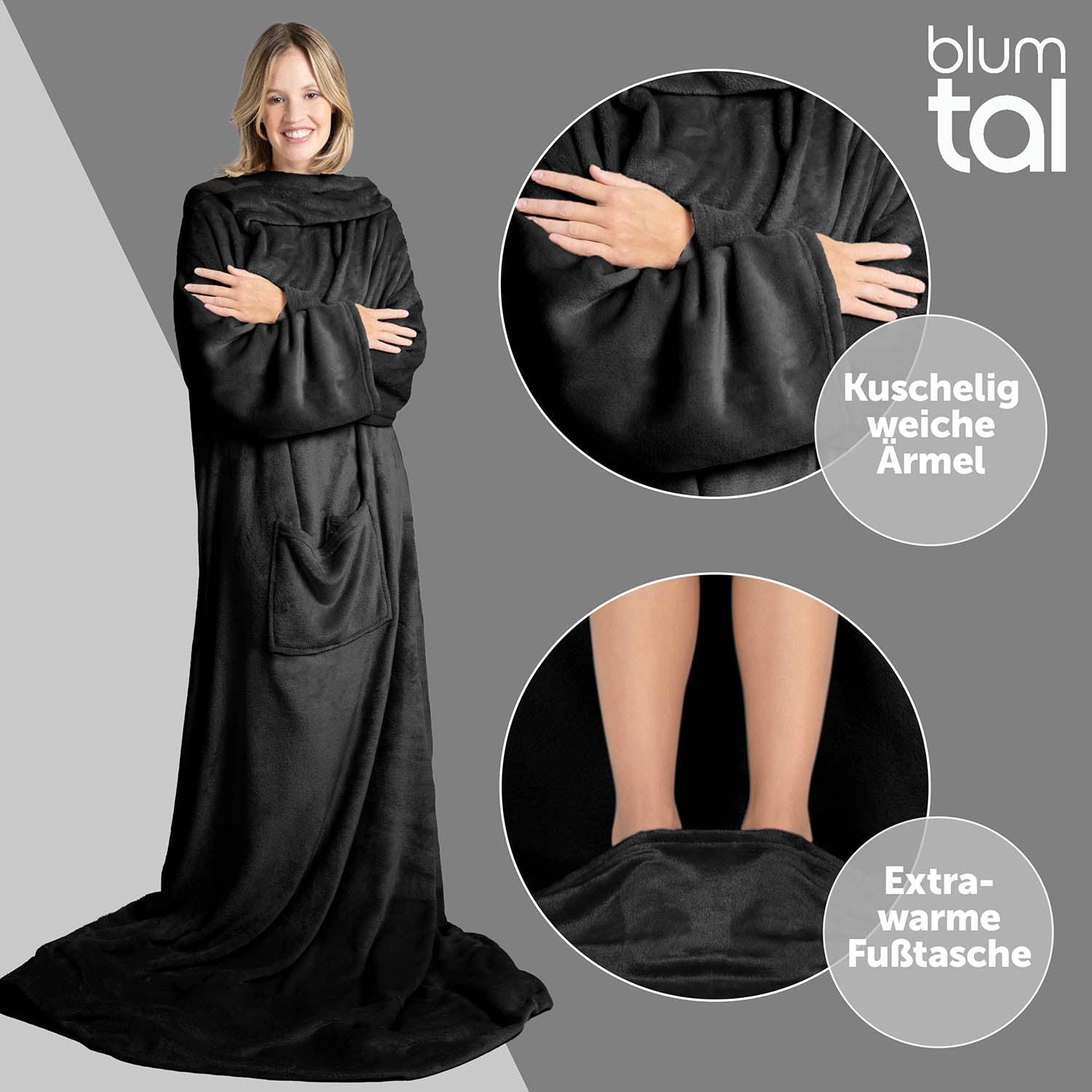 Frau in schwarz flauschigem Kleidungsstück vor grauem Hintergrund mit Nahaufnahme der weichen Ärmel und der extrawarmen Fußtasche in Kreisen hervorgehoben.