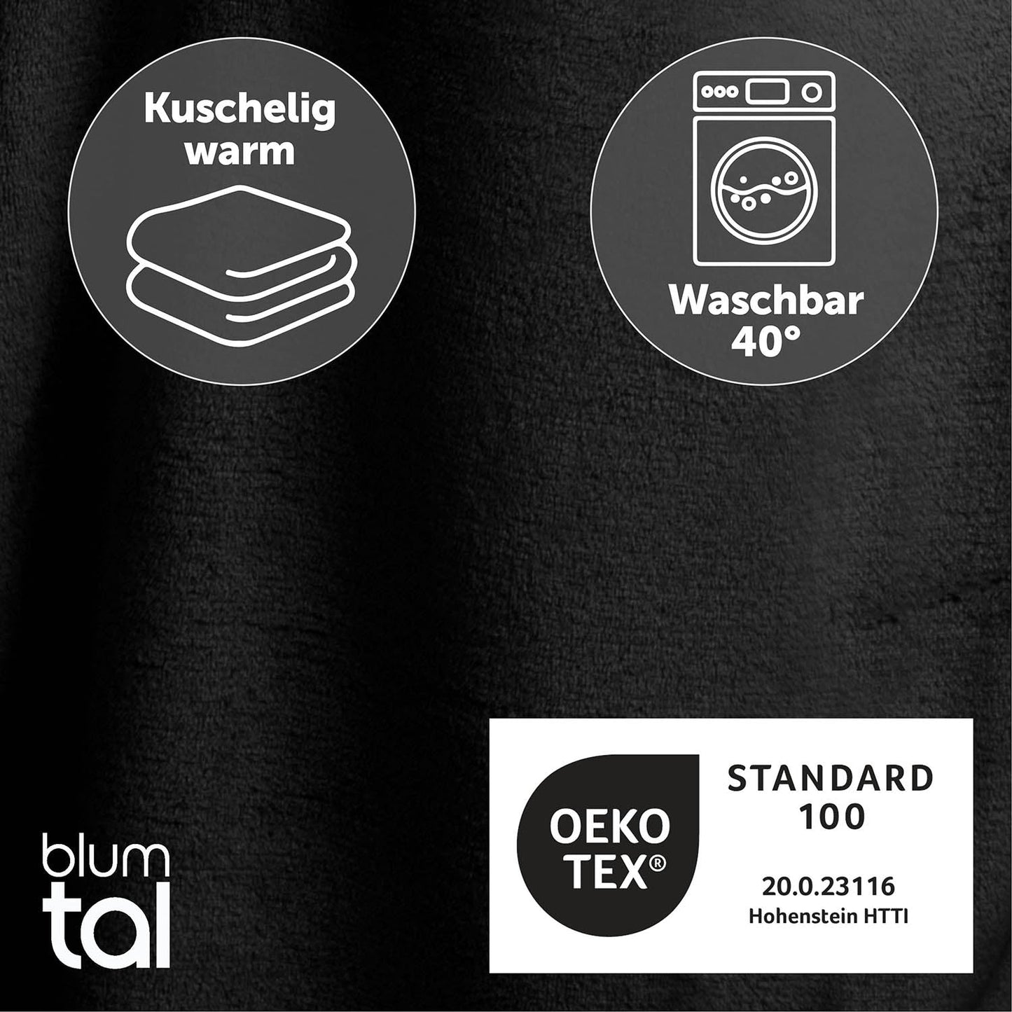 Detailansicht des schwarz flauschigen Stoffes mit Symbolen für Kuschelwärme und Waschbarkeit bei 40 Grad sowie OEKO-TEX Standard 100 Zertifizierung.