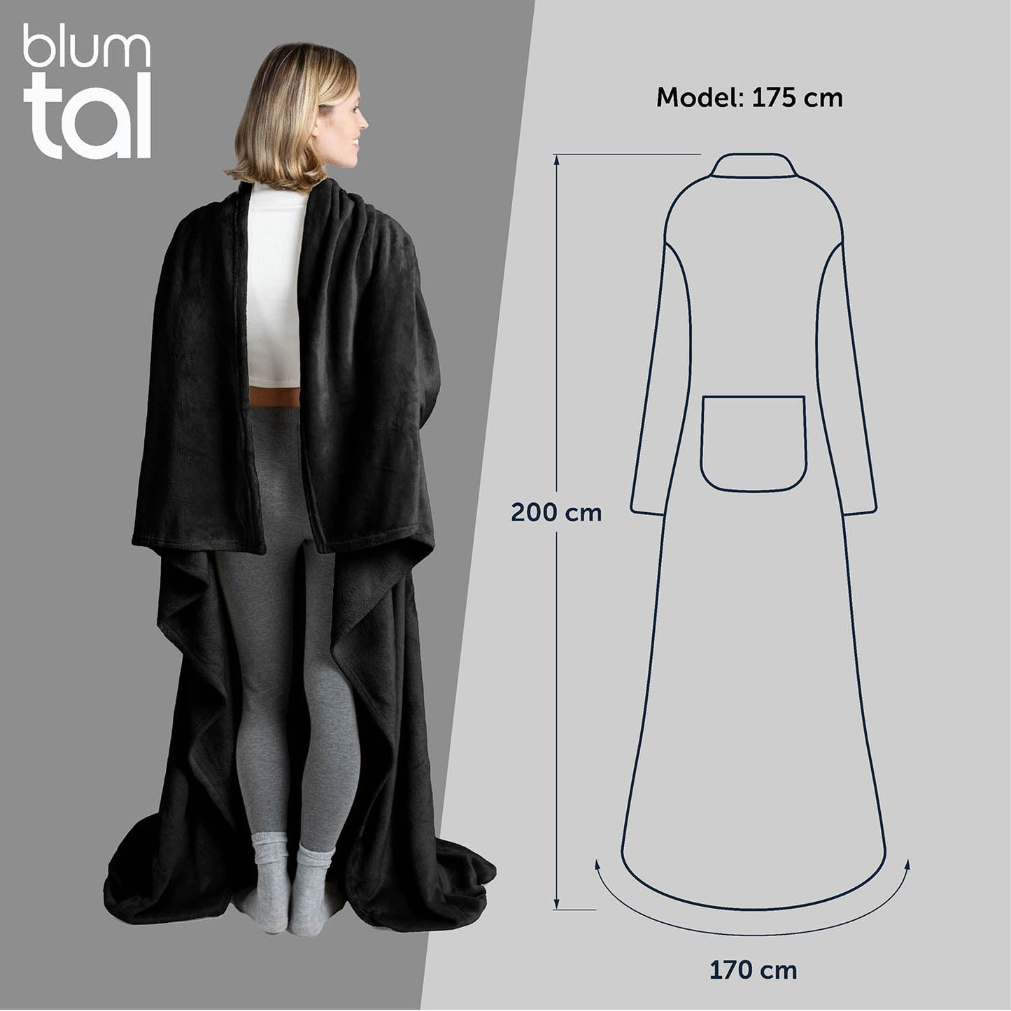 Frau von hinten in einem schwarz flauschigen Kleidungsstück neben einer Skizze mit Maßangaben zur Größe des Kleidungsstücks und der Körpergröße des Models.