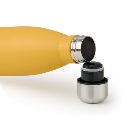 Geöffnete spicy mustard gelb blumtal Edelstahl-Trinkflasche mit abgeschraubtem Deckel auf weißem Hintergrund.