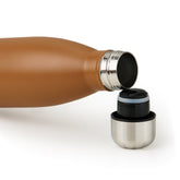 Geöffnete pumpkin braun blumtal Edelstahl-Trinkflasche mit abgeschraubtem Deckel auf weißem Hintergrund.
