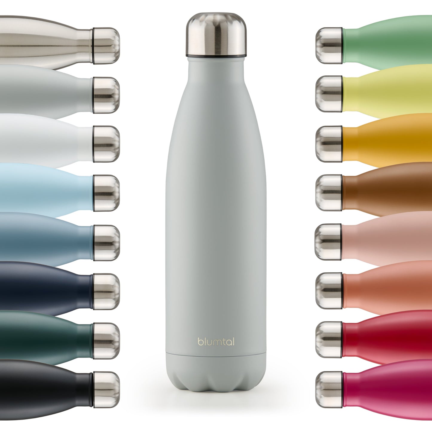 Farbige Auswahl an isolierten Edelstahl-Trinkflaschen von blumtal in einer Reihe angeordnet mit Fokus auf eine vorderseitige ultimate grau farbene Flasche.