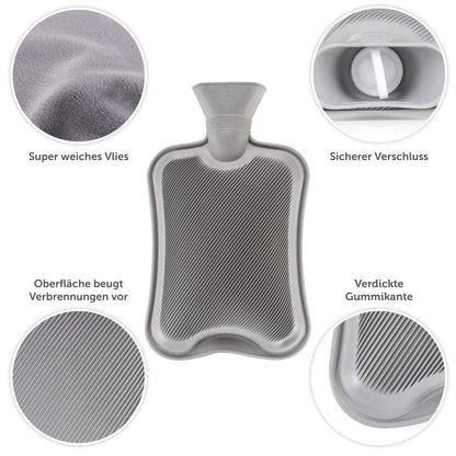 Graue Wärmeflasche mit Vlies, sicherem Verschluss und verdicketer Gummikante