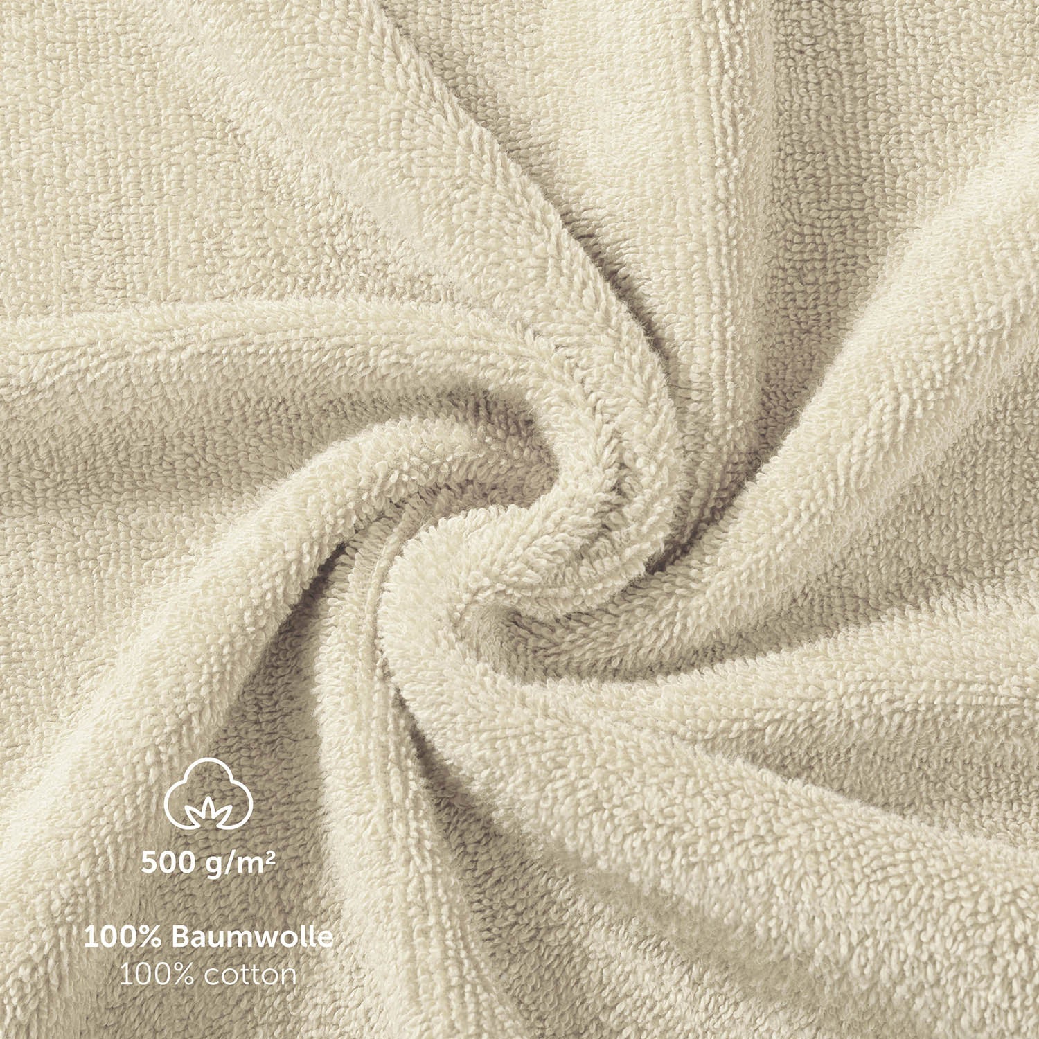 Detailaufnahme der Textur eines Handtuchs mit Angaben zu Material und Gewicht in Weiß 500 g/m 100% Baumwolle 100% cotton