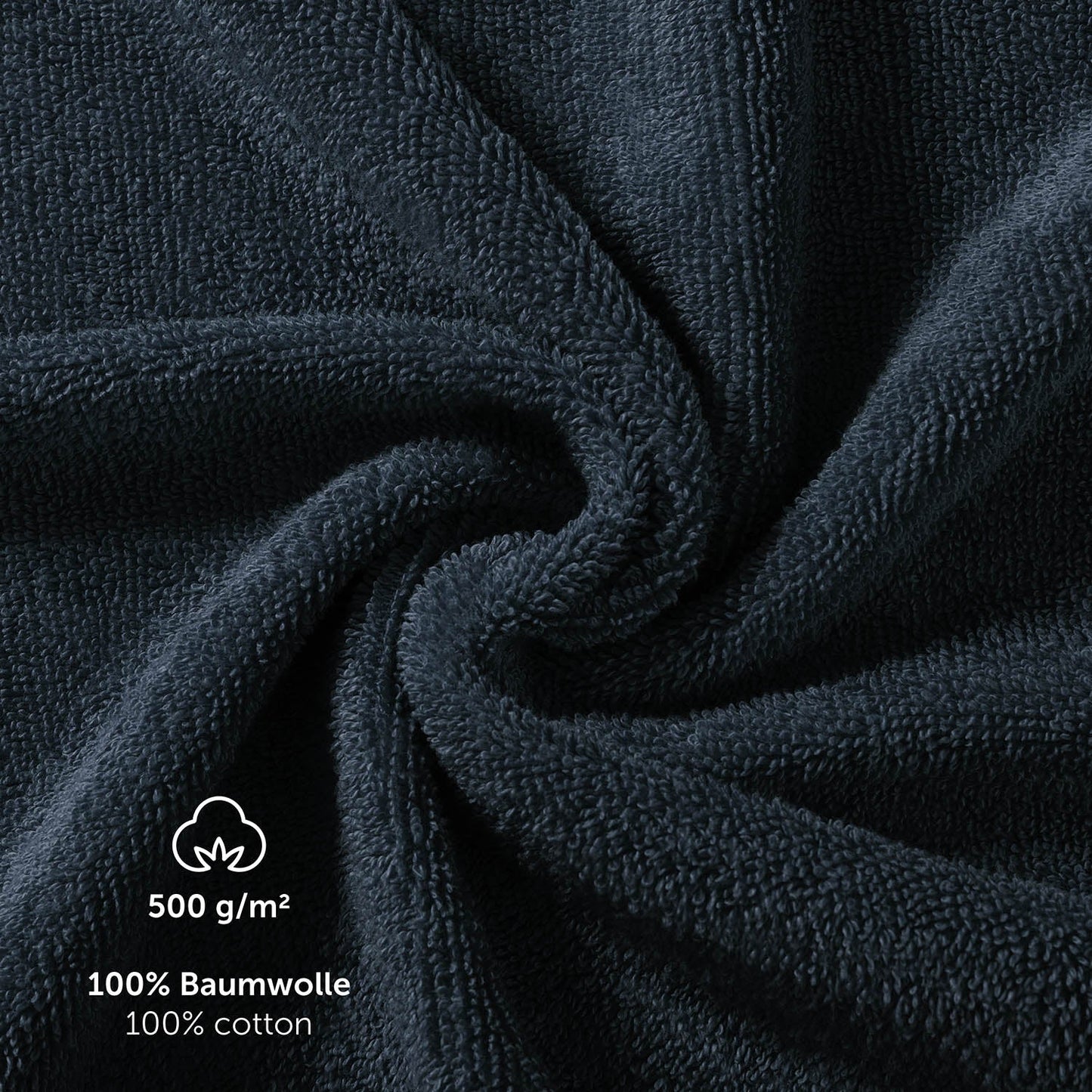 Detailaufnahme der Textur eines Handtuchs mit Angaben zu Material und Gewicht in Weiß 500 g/m 100% Baumwolle 100% cotton