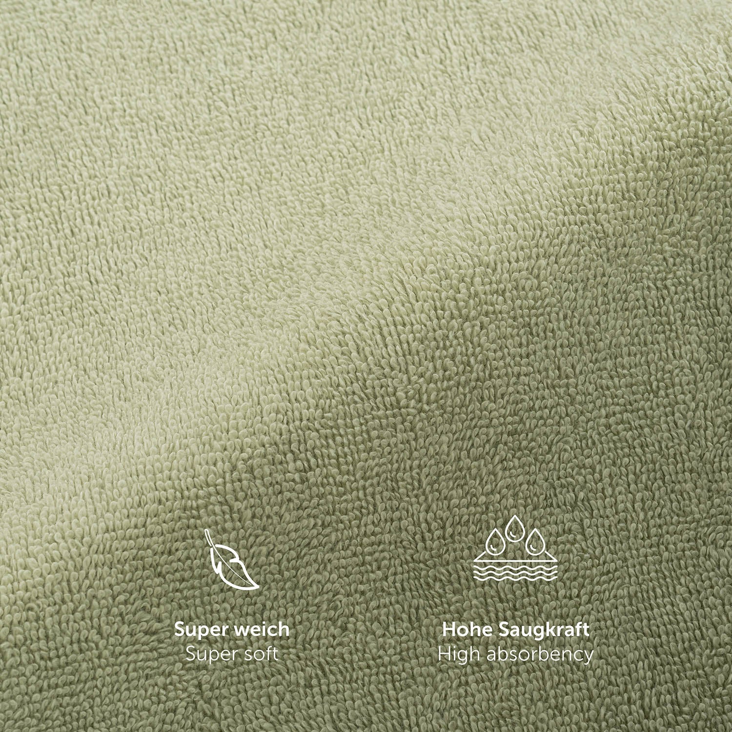Texturausschnitt eines Handtuchs mit Eigenschaften Super weich und Hohe Saugkraft in weißer Schrift