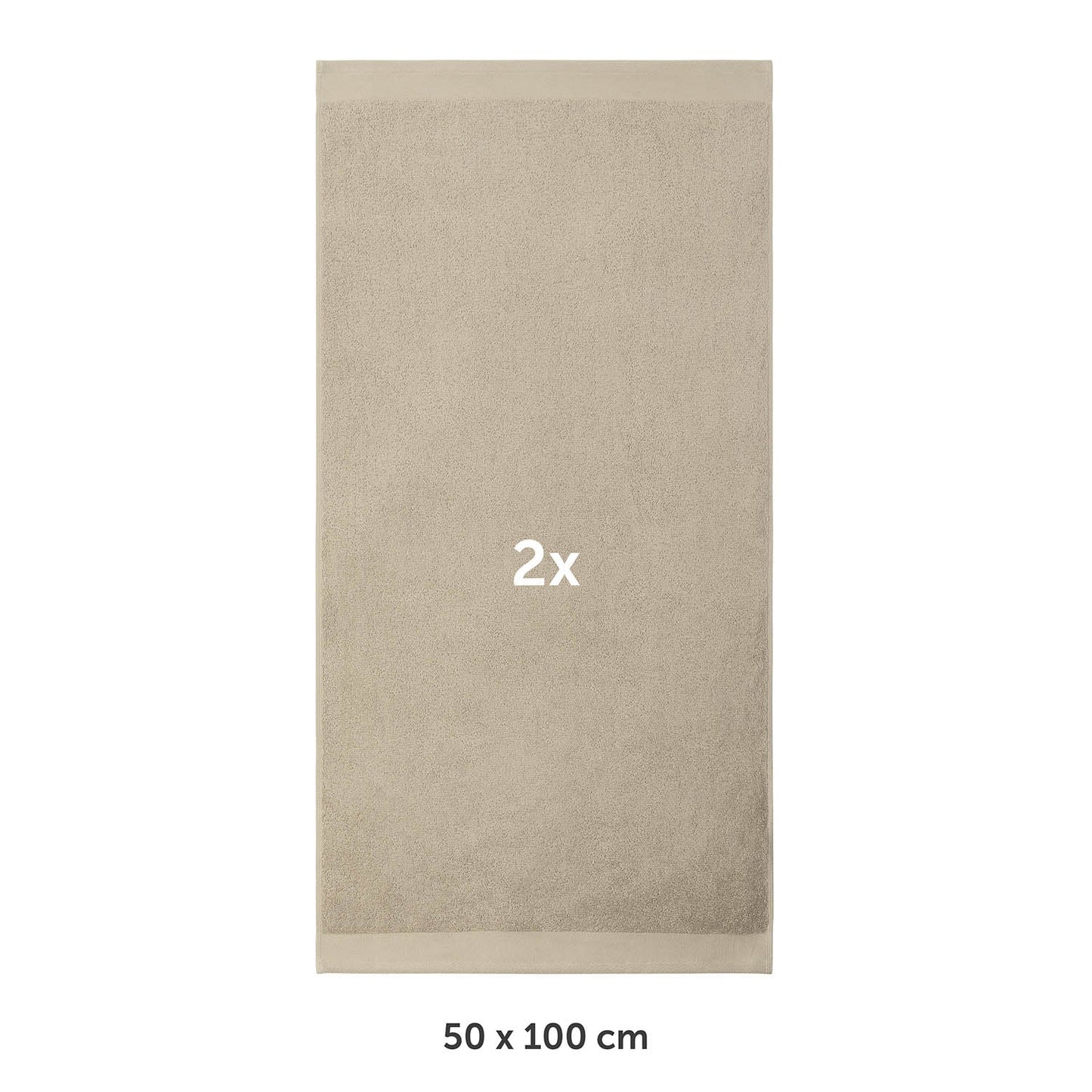 Handtuch flach ausgebreitet mit Markierung 2x und Maßangabe 50 x 100 cm in weißer Schrif