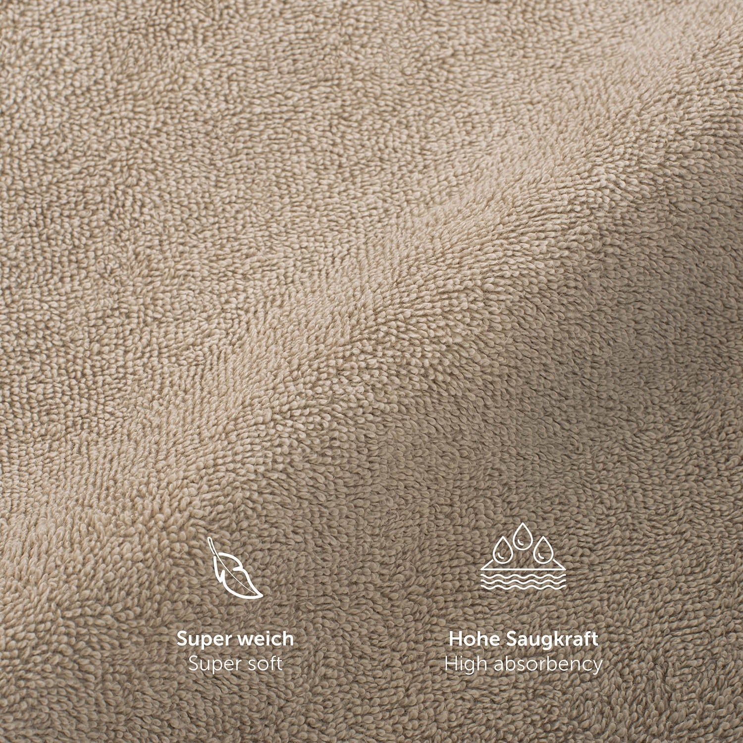 Texturausschnitt eines Handtuchs mit Eigenschaften Super weich und Hohe Saugkraft in weißer Schrift