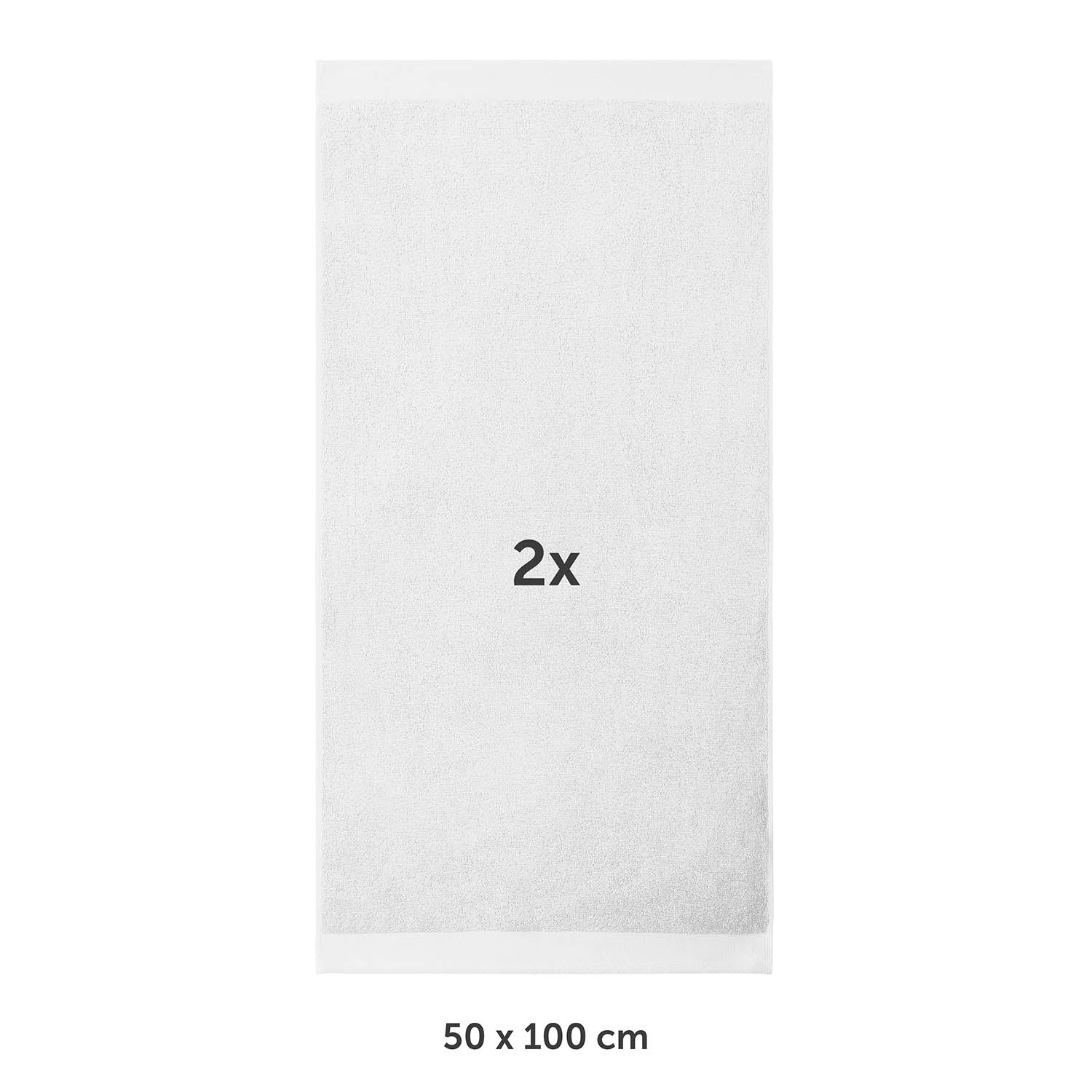 Handtuch flach ausgebreitet mit Markierung 2x und Maßangabe 50 x 100 cm in weißer Schrif